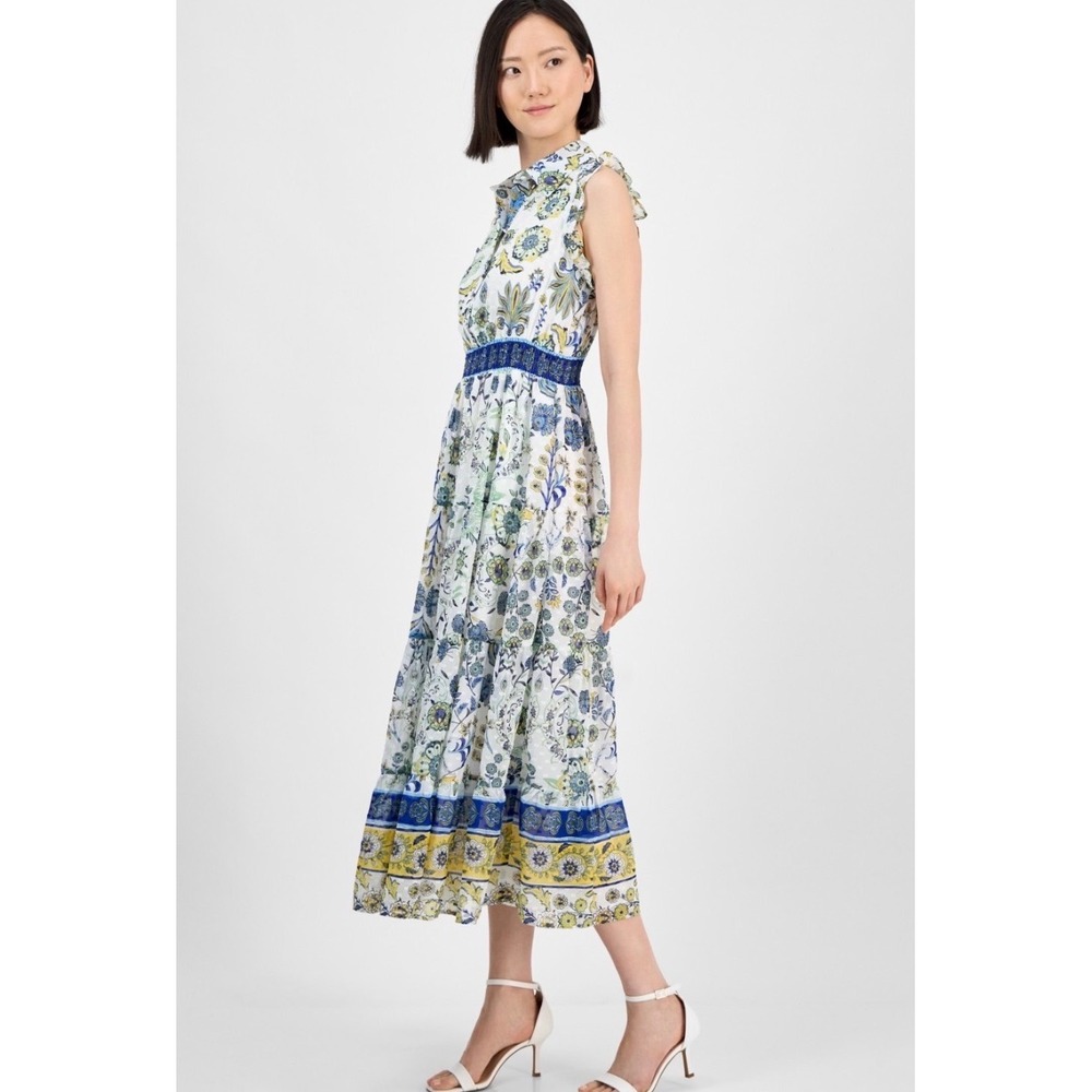 Anne Klein Pearl White Multi Floral Paisley Clip Dot Midi Dress 8P NEW